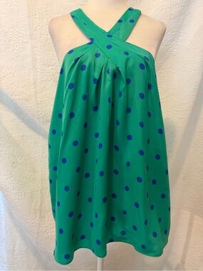 Lilly Pulitzer Green Blue Polka Dot Halter Top Criss Cross Neck Swing Blouse L